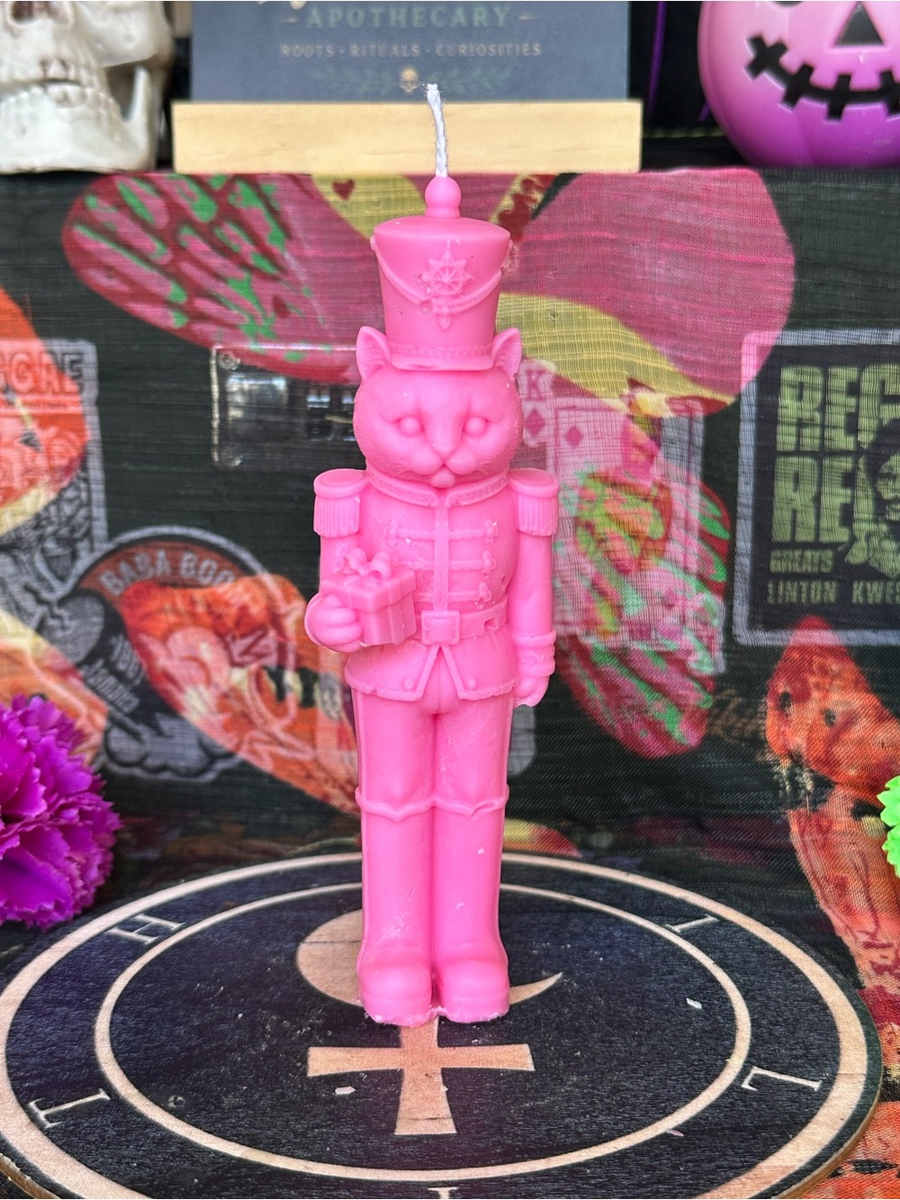 Handmade Pink Nutcracker Cat Candle โ Whimsical Holiday Cat Candle